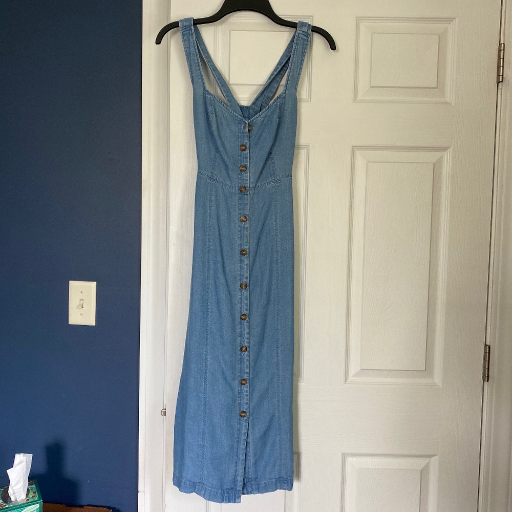 LOFT Light Blue Denim Button-Front Midi Dress